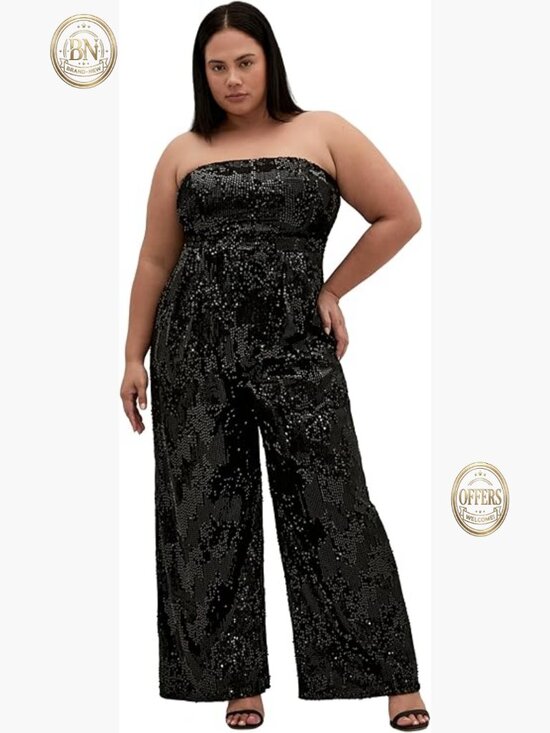Sequin Strapless Jumpsuit with Optional Shoulder Straps Polyester Blend